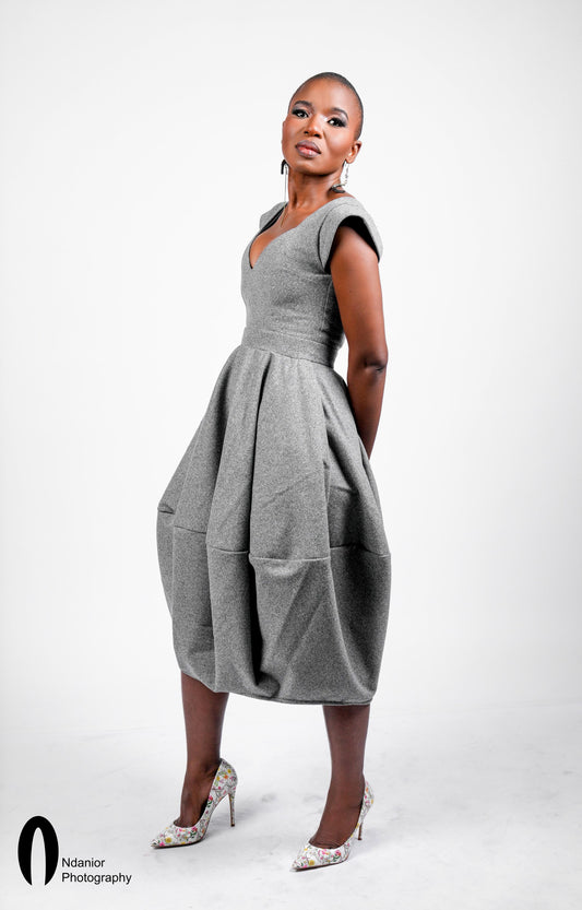 Grey Structured Barrel Midi Dress
